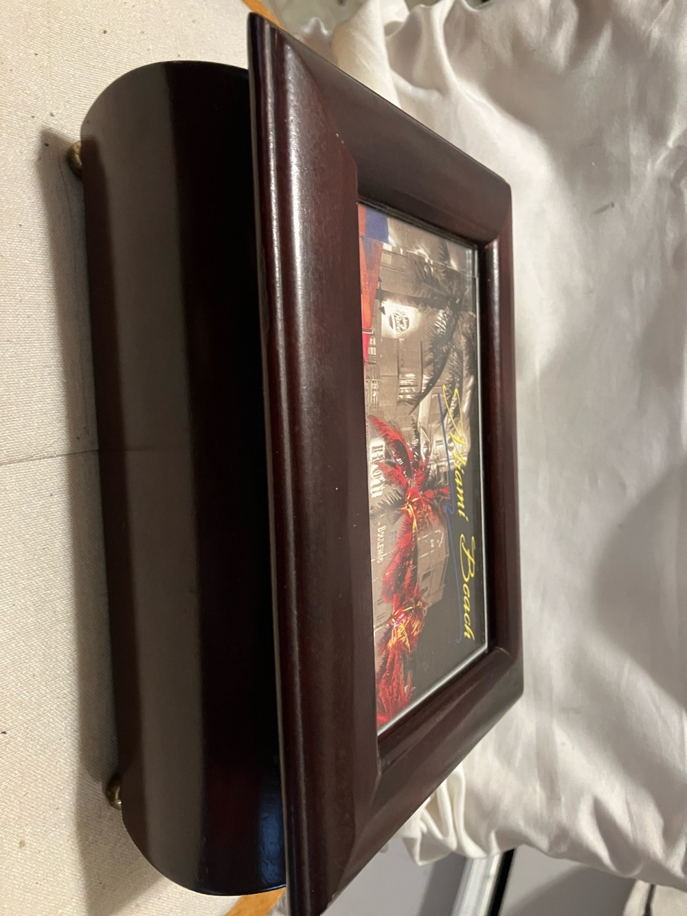 Photo style suede interior , red wood jewelry box with tiny feet